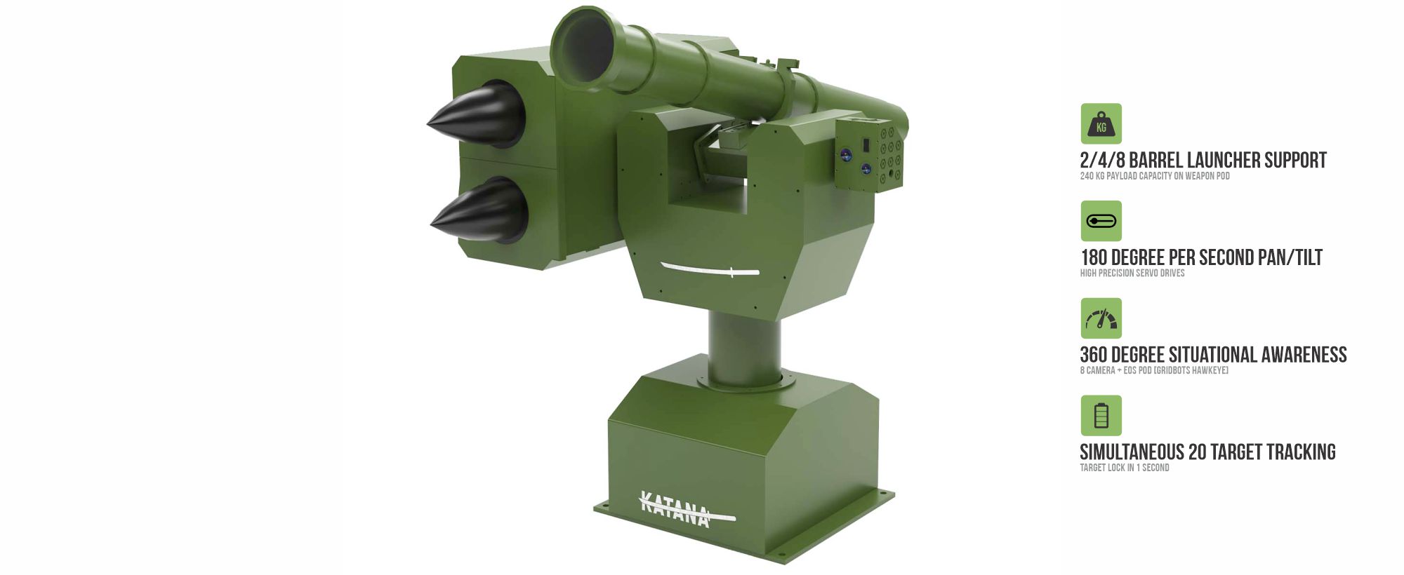 Gridbots KATANA remote control weapon station and anti drone weapon station — 360 degree pan, autonomous AI target tracking